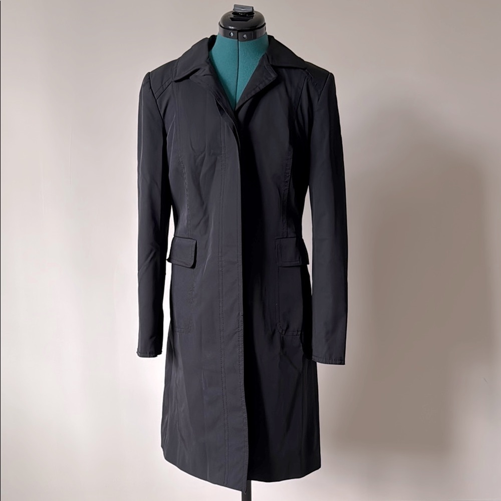 Vintage Ann Taylor | Long Black Fitted Rain Jacket Trench Hidden Buttons | Sz 2